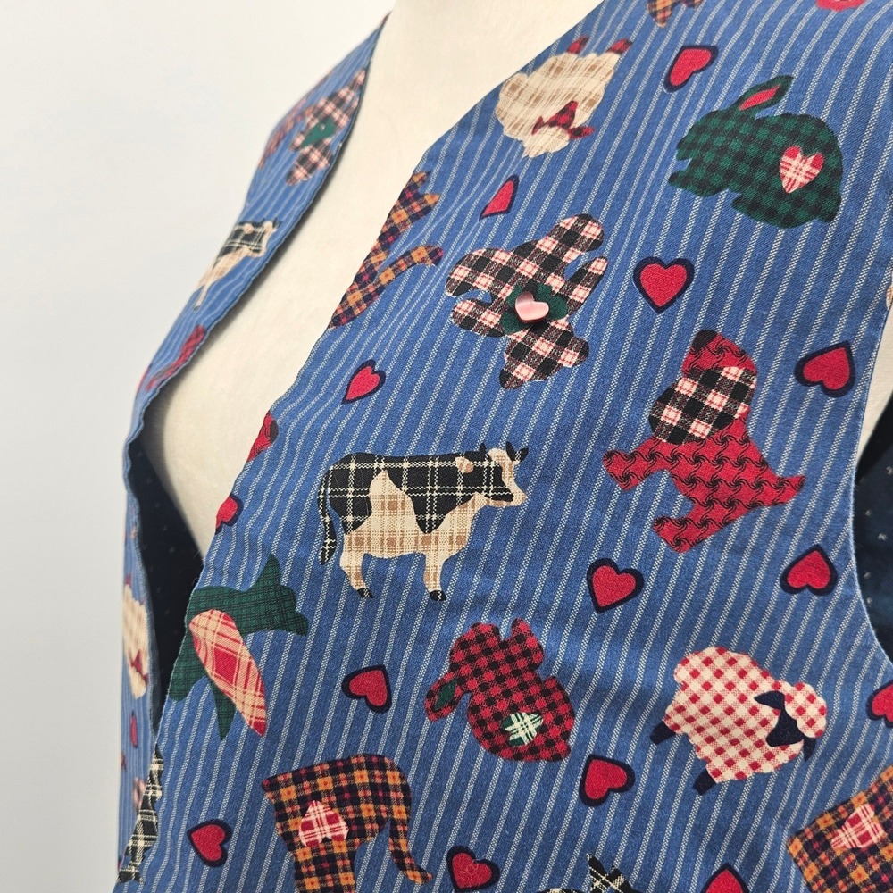 Vintage 90s Farm Animal Print Vest | Country‎ Cottagecore Quilted Waistcoat - Picture 6 of 11
